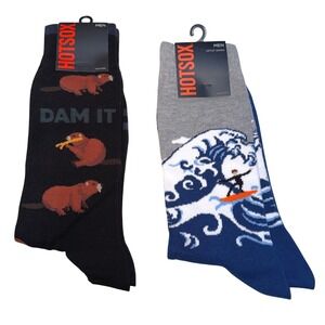 Hot Sox Mens 2 Pack Crew Socks Beaver Dam It & Artist Series Great Wave Blue